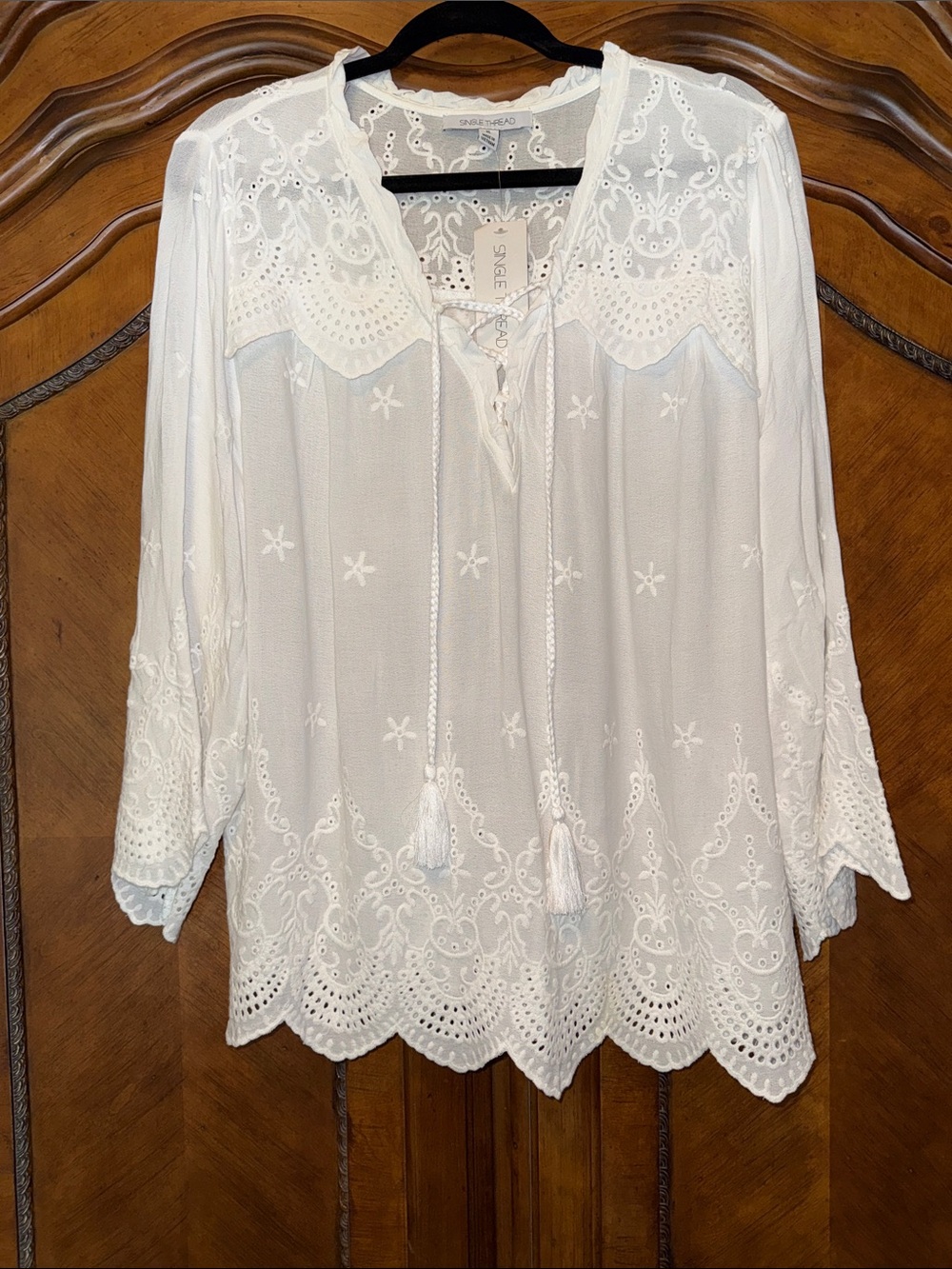 Sanctuary White Embroidered Peasant Blouse with Tassel Tie